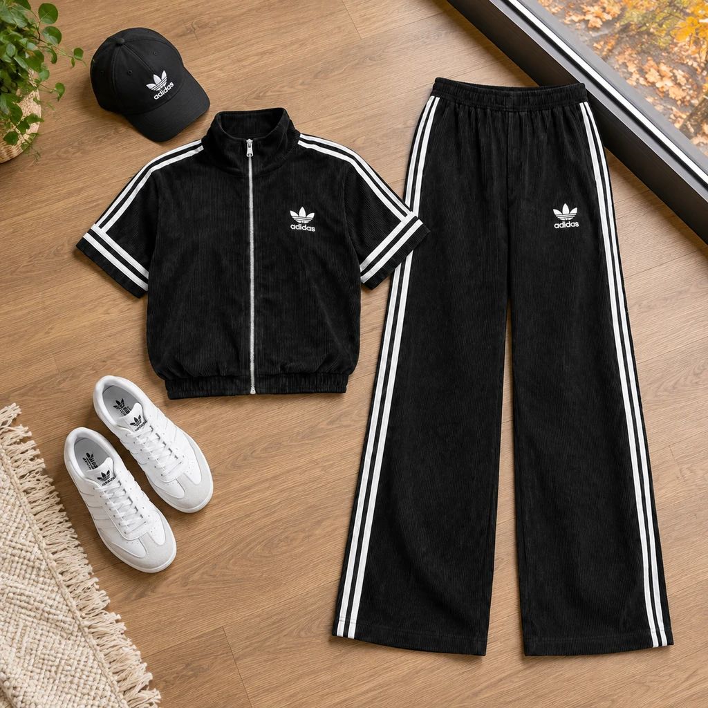 ست وست و شلوار زنانه مخمل کبریتی ادیداس مدل RAHA-مشکی